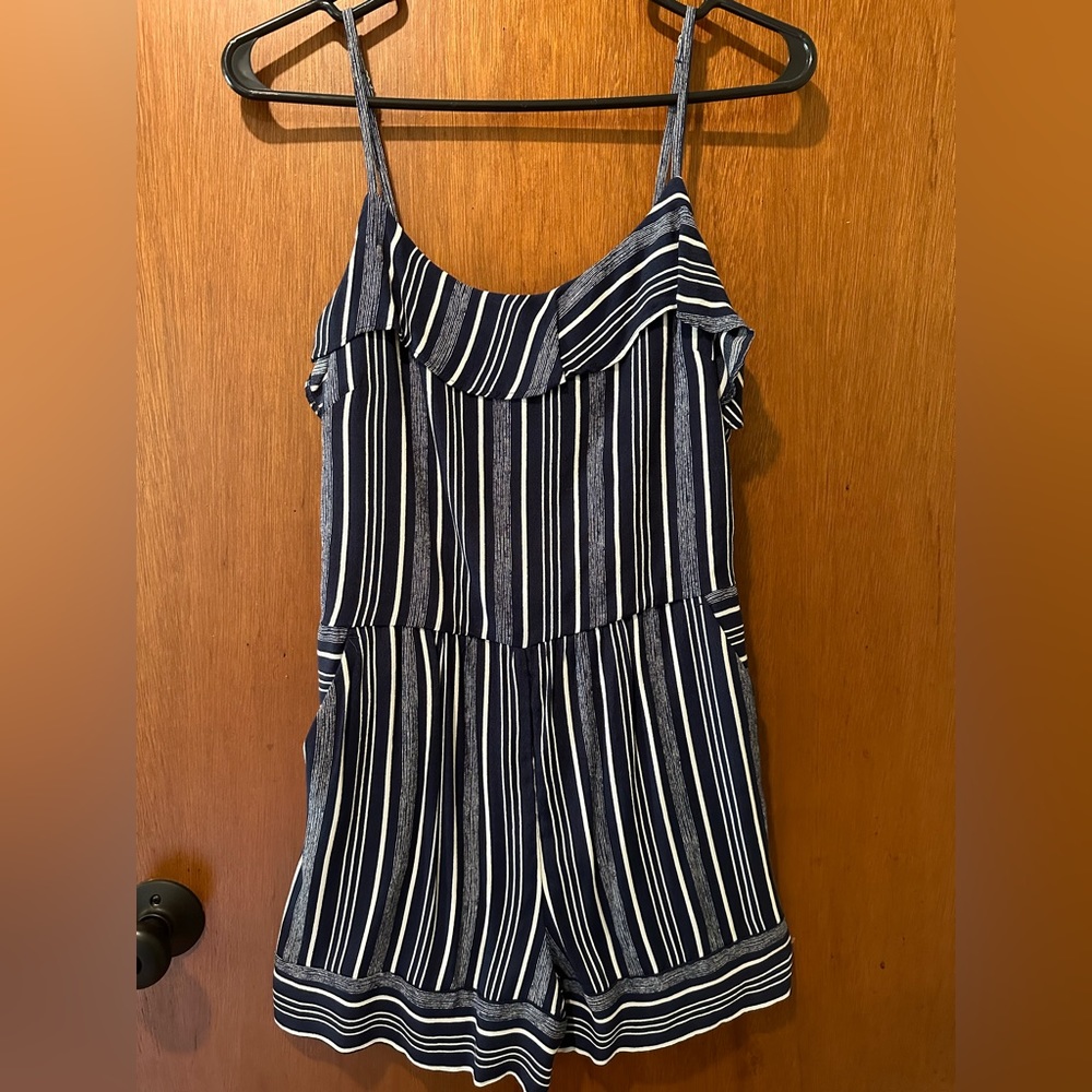 Ann Taylor Loft Womens Navy Blue Striped Adjustable Strap One Piece Romper 6P